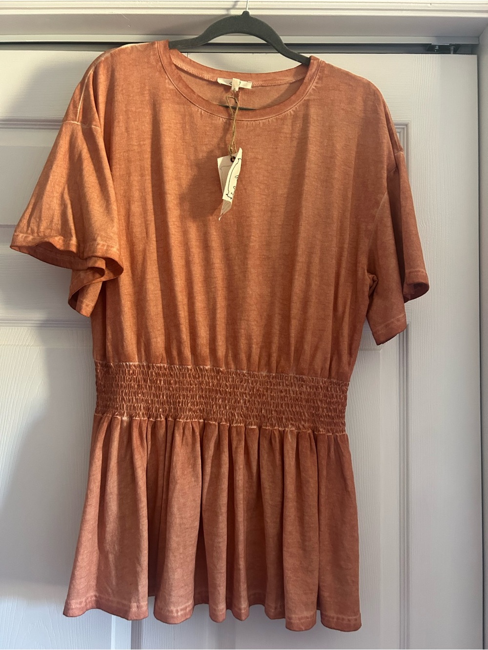 Rust Mineral Wash Smocked Waist Peplum Top